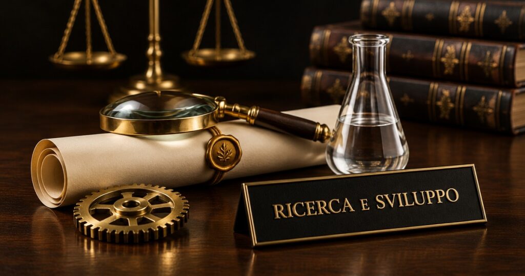 Pergamena con sigillo dorato, lente, ingranaggio e beuta: certificazione tecnica di ricerca e sviluppo