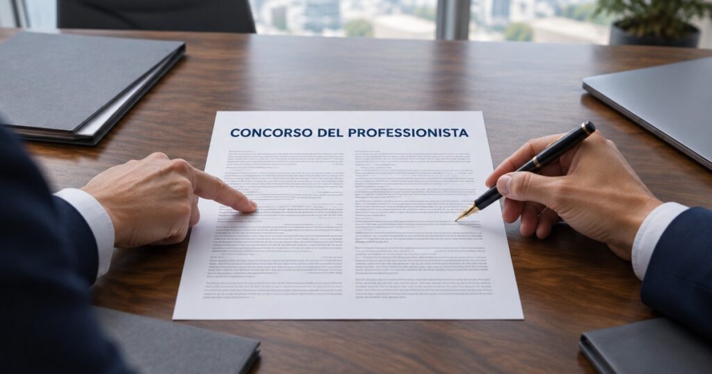 Due professionisti seduti a un tavolo riunioni esaminano lo stesso atto, intestato Concorso del professionista