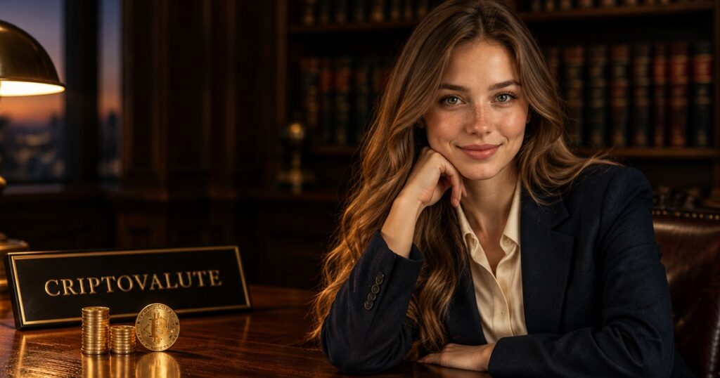 Scrivania in legno scuro con monete, bitcoin e targhetta Criptovalute, accanto a una professionista