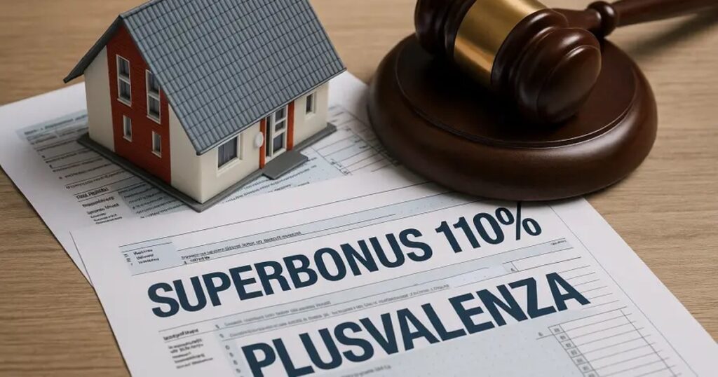 Modellino di casa e martelletto su moduli con le scritte Superbonus 110% e plusvalenza